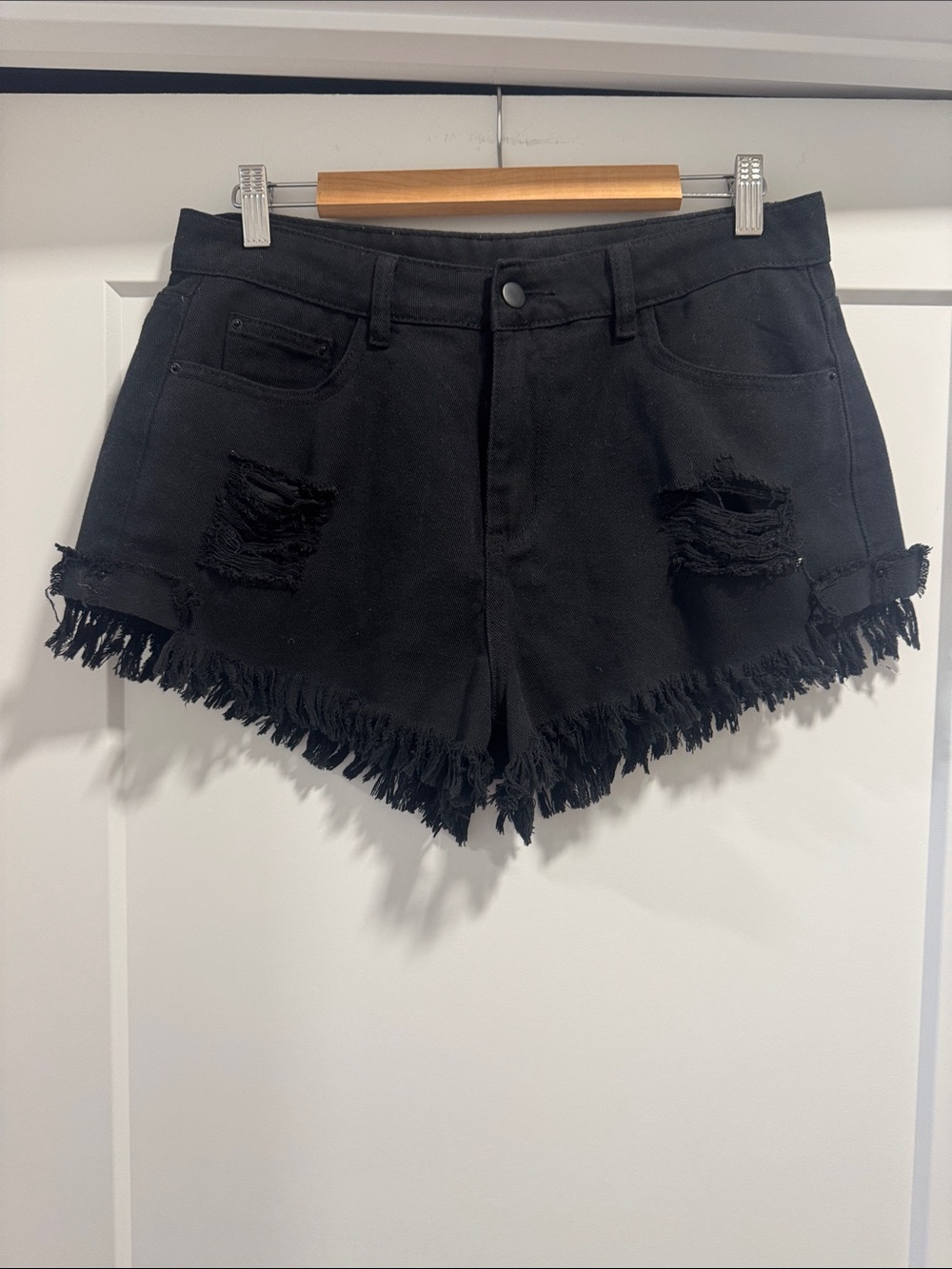 Black Distressed Fringe Hem Women's Denim Shorts